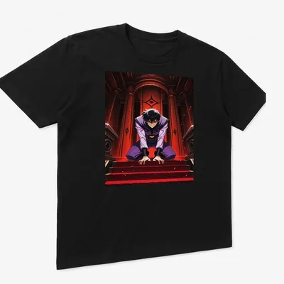Stylized manga character in dark gothic illustration with red and black motifs — printed on a unisex t-shirt (angled view)