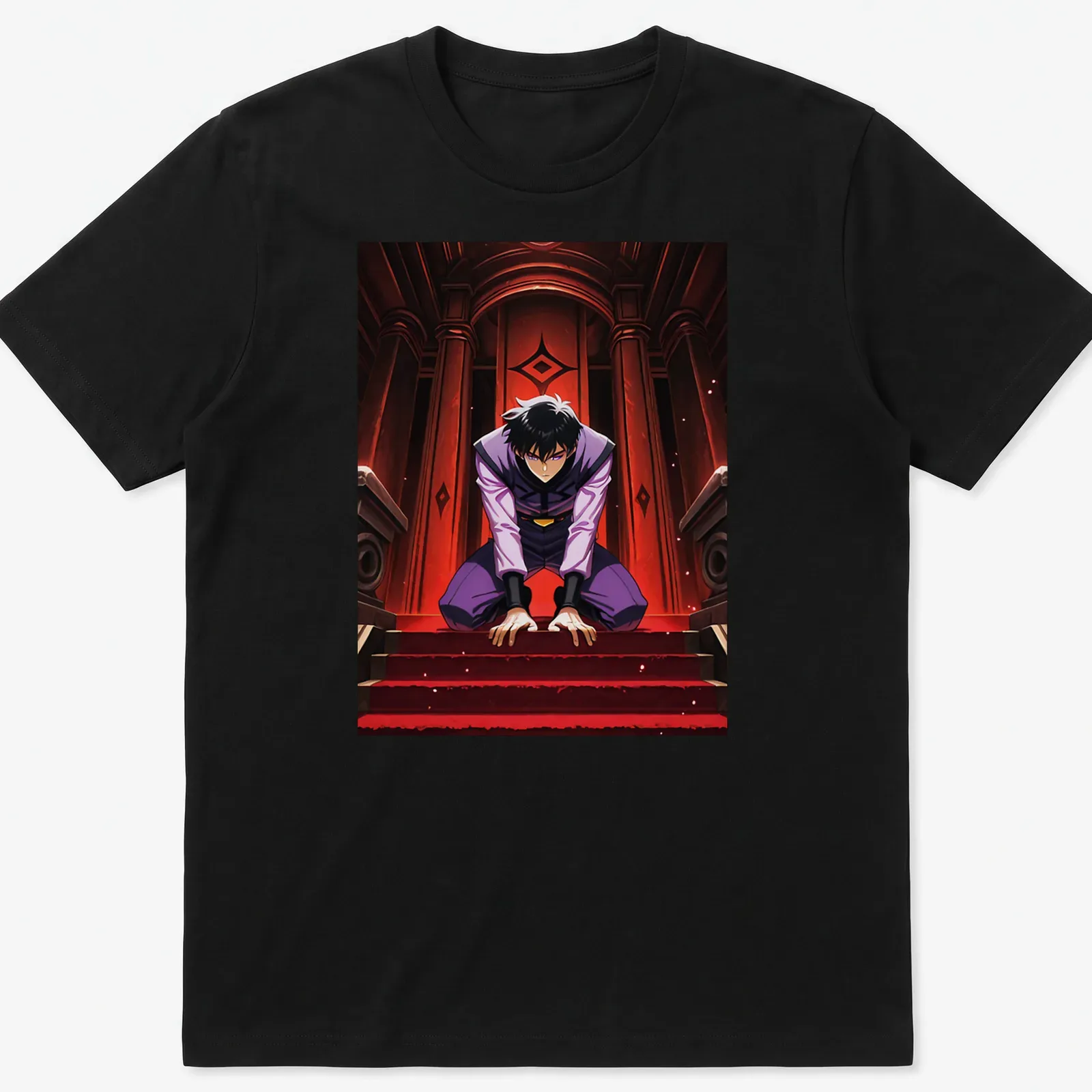 Stylized manga character in dark gothic illustration with red and black motifs — printed on a unisex t-shirt