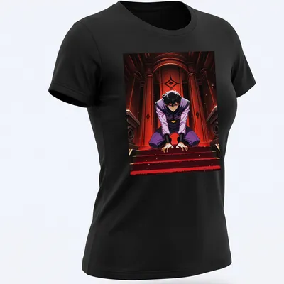 Stylized manga character in dark gothic illustration with red and black motifs — printed on a women's shirt