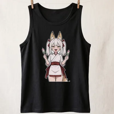 Illustration of a fox shrine maiden in anime style with colorful details — printed on a tank top