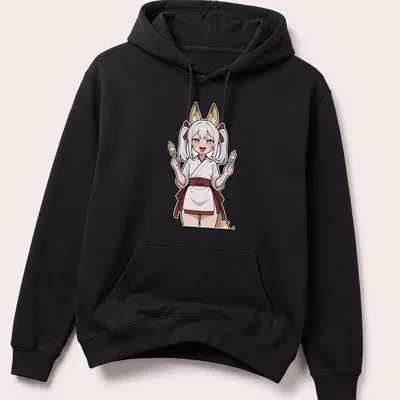 Illustration of a fox shrine maiden in anime style with colorful details — printed on a unisex hoodie