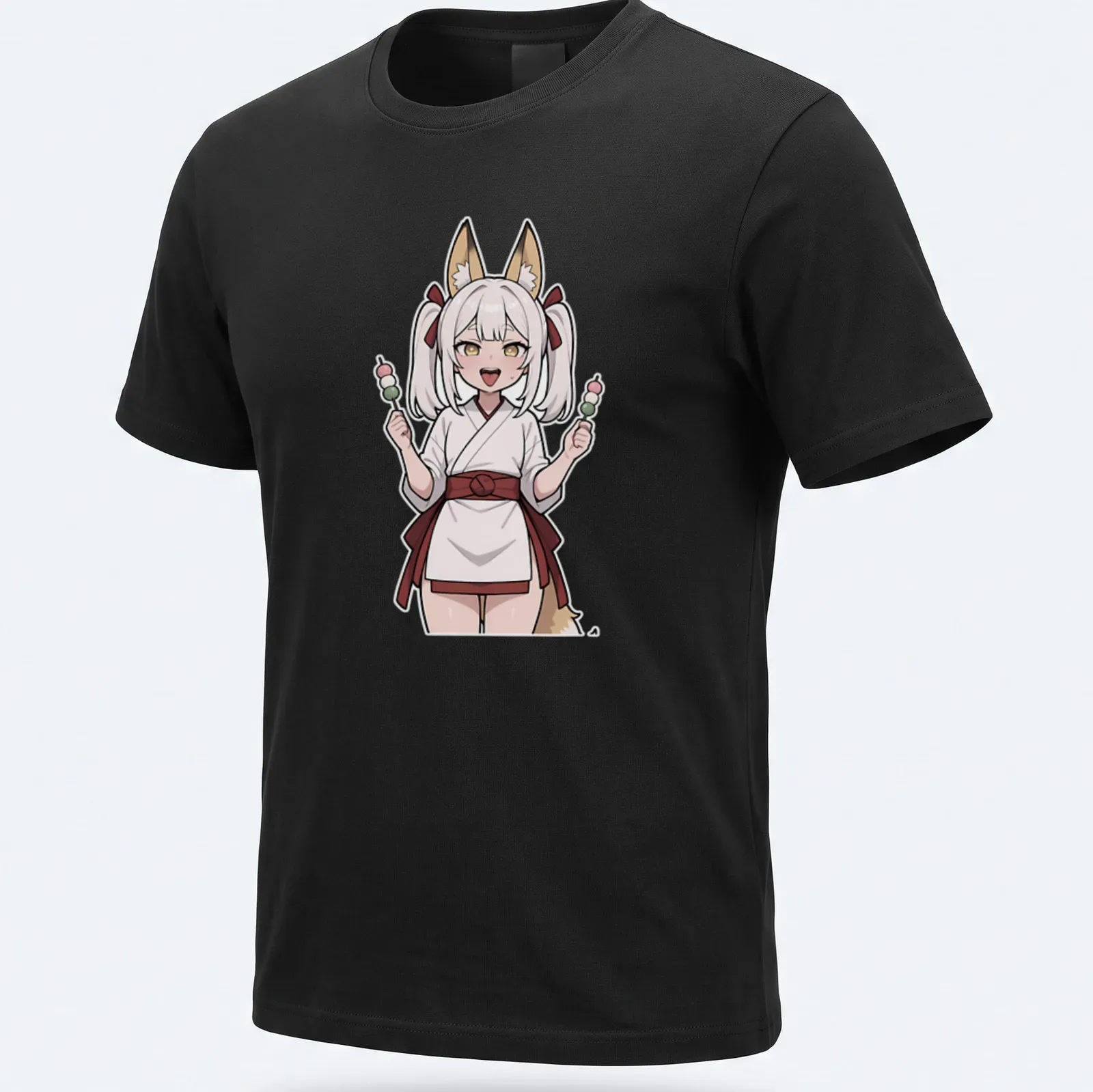 Illustration of a fox shrine maiden in anime style with colorful details — printed on a unisex t-shirt
