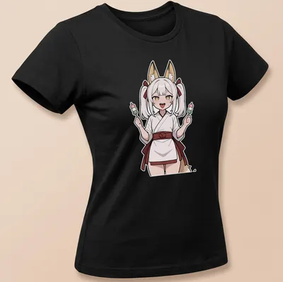 Illustration of a fox shrine maiden in anime style with colorful details — printed on a women's shirt