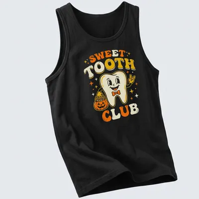 Retro cheerful Halloween T-shirt with a smiling tooth character beside a pumpkin — printed on a tank top
