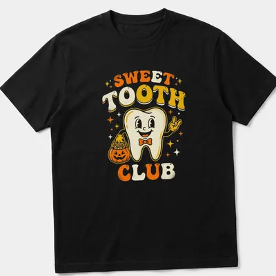 Retro cheerful Halloween T-shirt with a smiling tooth character beside a pumpkin
