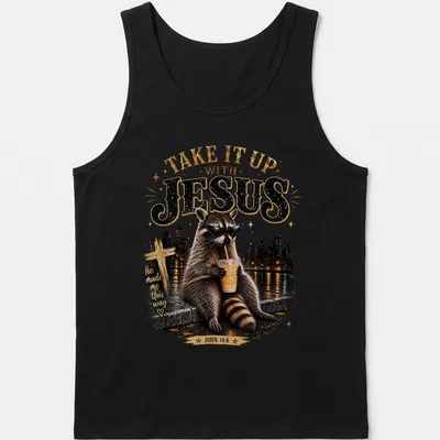 Vintage raccoon t-shirt with text and illustration in retro colors — printed on a tank top