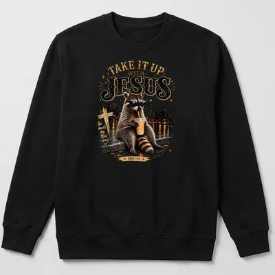 Vintage raccoon t-shirt with text and illustration in retro colors — printed on a unisex sweatshirt