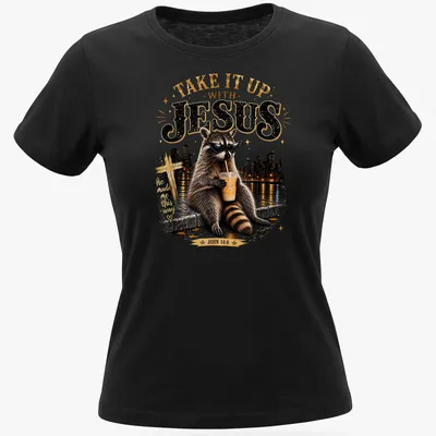 Vintage raccoon t-shirt with text and illustration in retro colors — printed on a women's shirt
