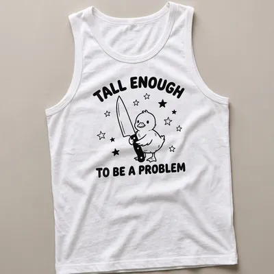 Cartoon duck graphic with humorous text about height in black and white — printed on a tank top
