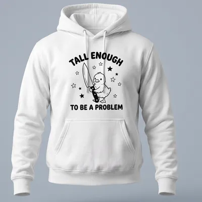 Cartoon duck graphic with humorous text about height in black and white — printed on a unisex hoodie
