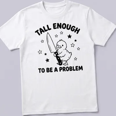 Cartoon duck graphic with humorous text about height in black and white