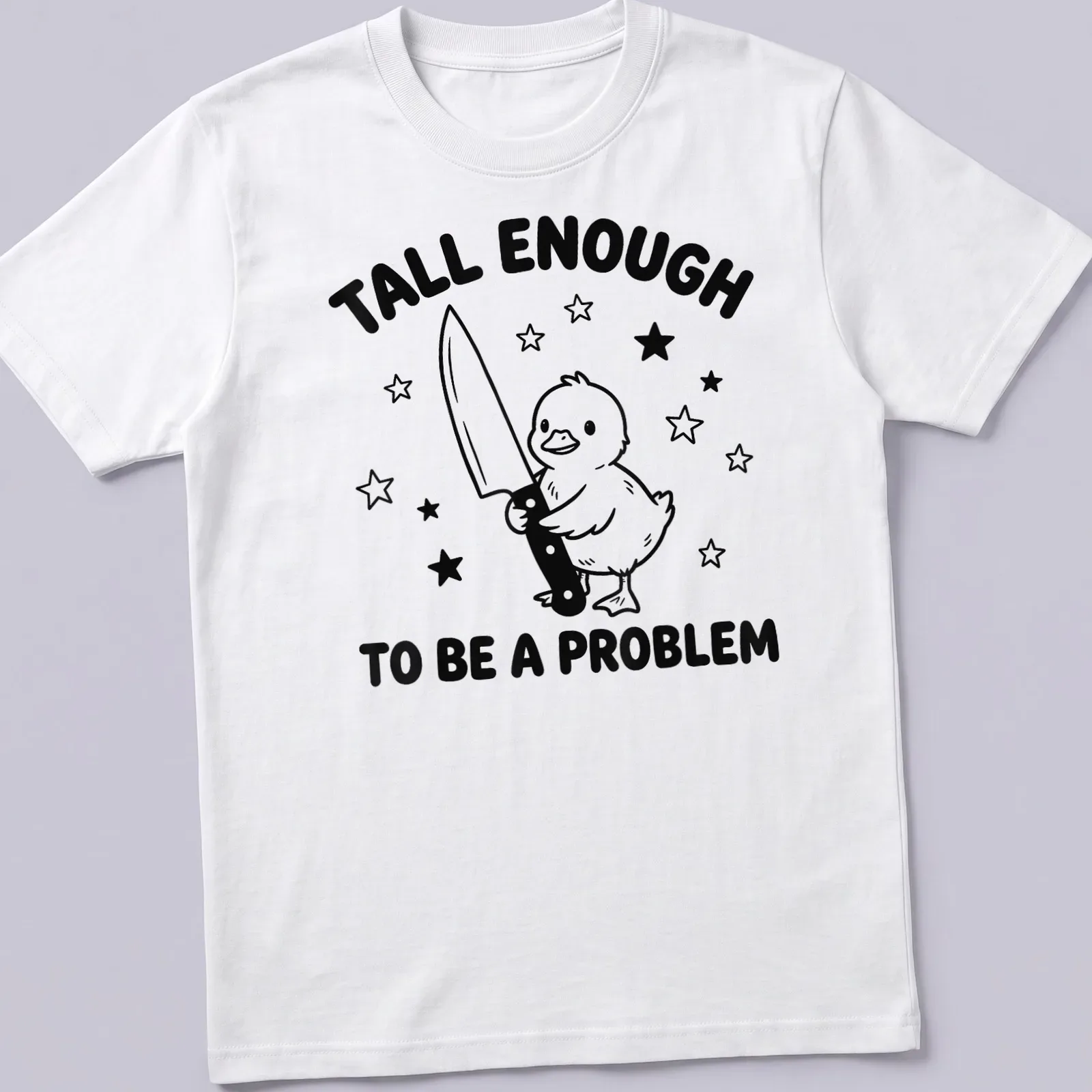 Cartoon duck graphic with humorous text about height in black and white — printed on a unisex t-shirt