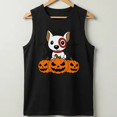 Kawaii cartoon of Target dog with Halloween pumpkins in bright colors — printed on a tank top