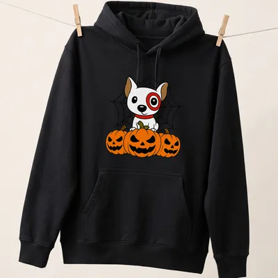 Kawaii cartoon of Target dog with Halloween pumpkins in bright colors — printed on a unisex hoodie