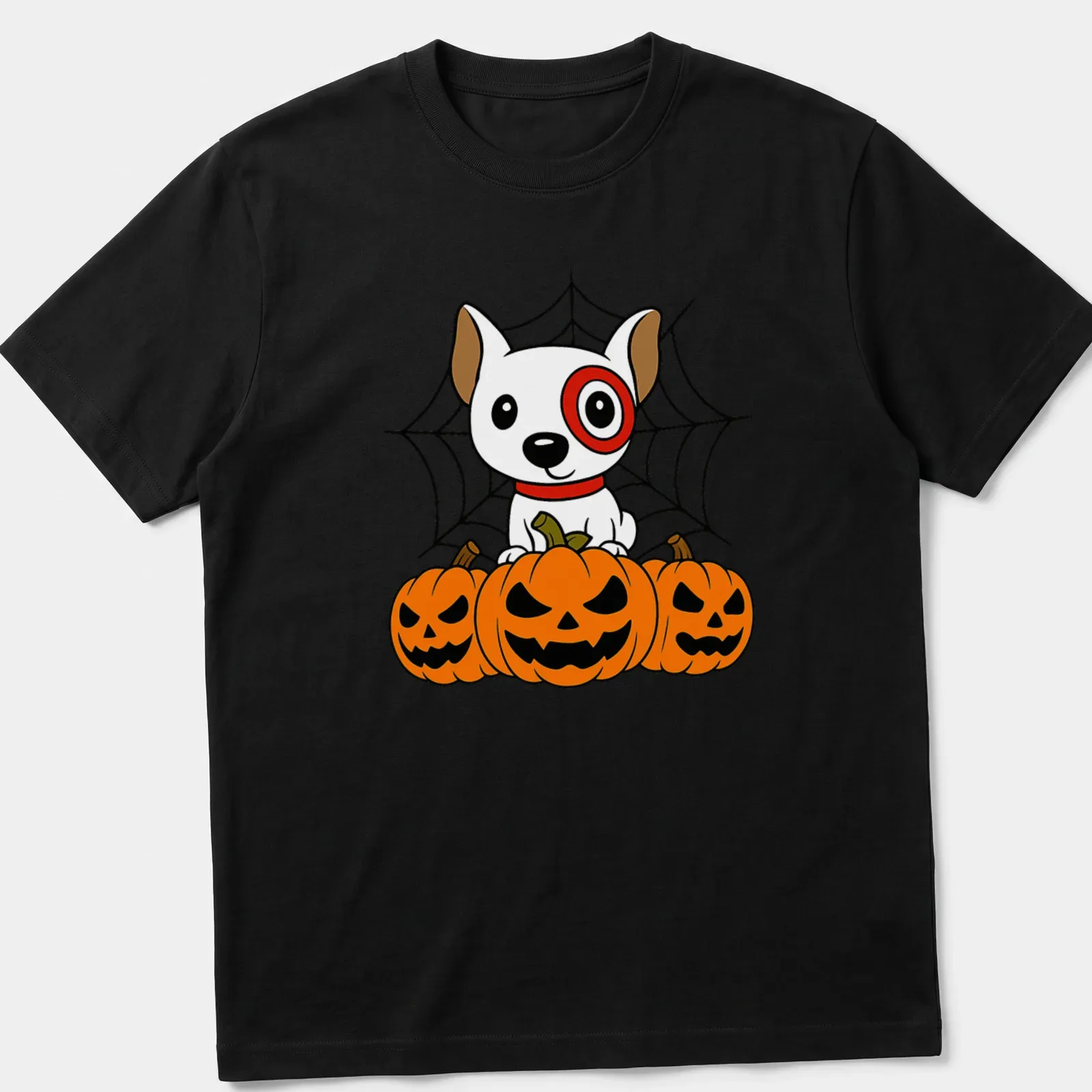 Kawaii cartoon of Target dog with Halloween pumpkins in bright colors — printed on a unisex t-shirt