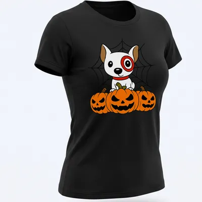 Kawaii cartoon of Target dog with Halloween pumpkins in bright colors — printed on a women's shirt