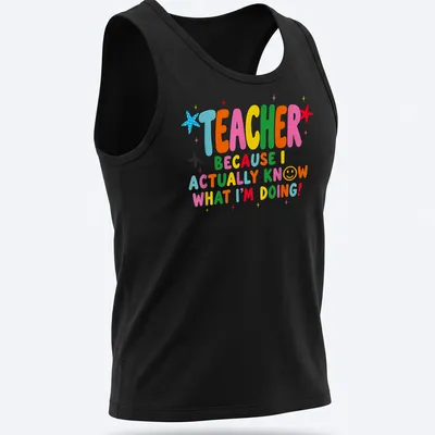 Colorful teacher-themed t-shirt with playful text and stars — printed on a tank top