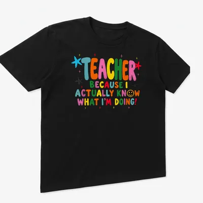 Colorful teacher-themed t-shirt with playful text and stars — printed on a unisex t-shirt (angled view)