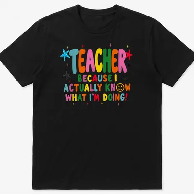 Colorful teacher-themed t-shirt with playful text and stars
