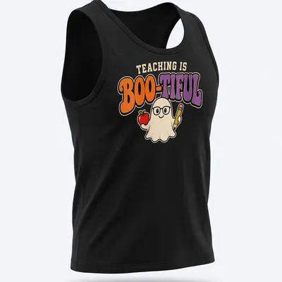 Kawaii ghost holding an apple and pencil with the text 'Teaching Is Boo-Tiful' in colorful design. — printed on a tank top
