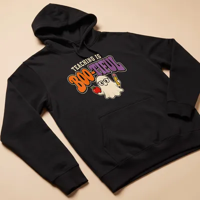 Kawaii ghost holding an apple and pencil with the text 'Teaching Is Boo-Tiful' in colorful design. — printed on a unisex hoodie