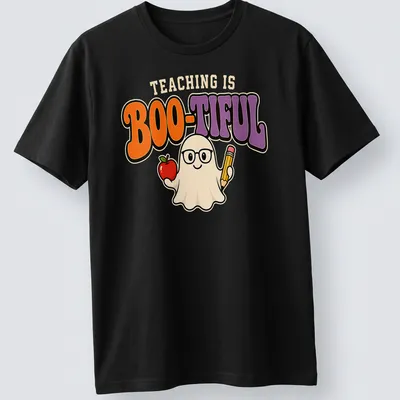 Kawaii ghost holding an apple and pencil with the text 'Teaching Is Boo-Tiful' in colorful design.
