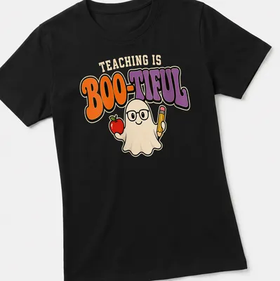 Kawaii ghost holding an apple and pencil with the text 'Teaching Is Boo-Tiful' in colorful design. — printed on a women's shirt