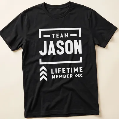 Bold text reads 'TEAM JASON LIFETIME MEMBER' in white on a t-shirt.