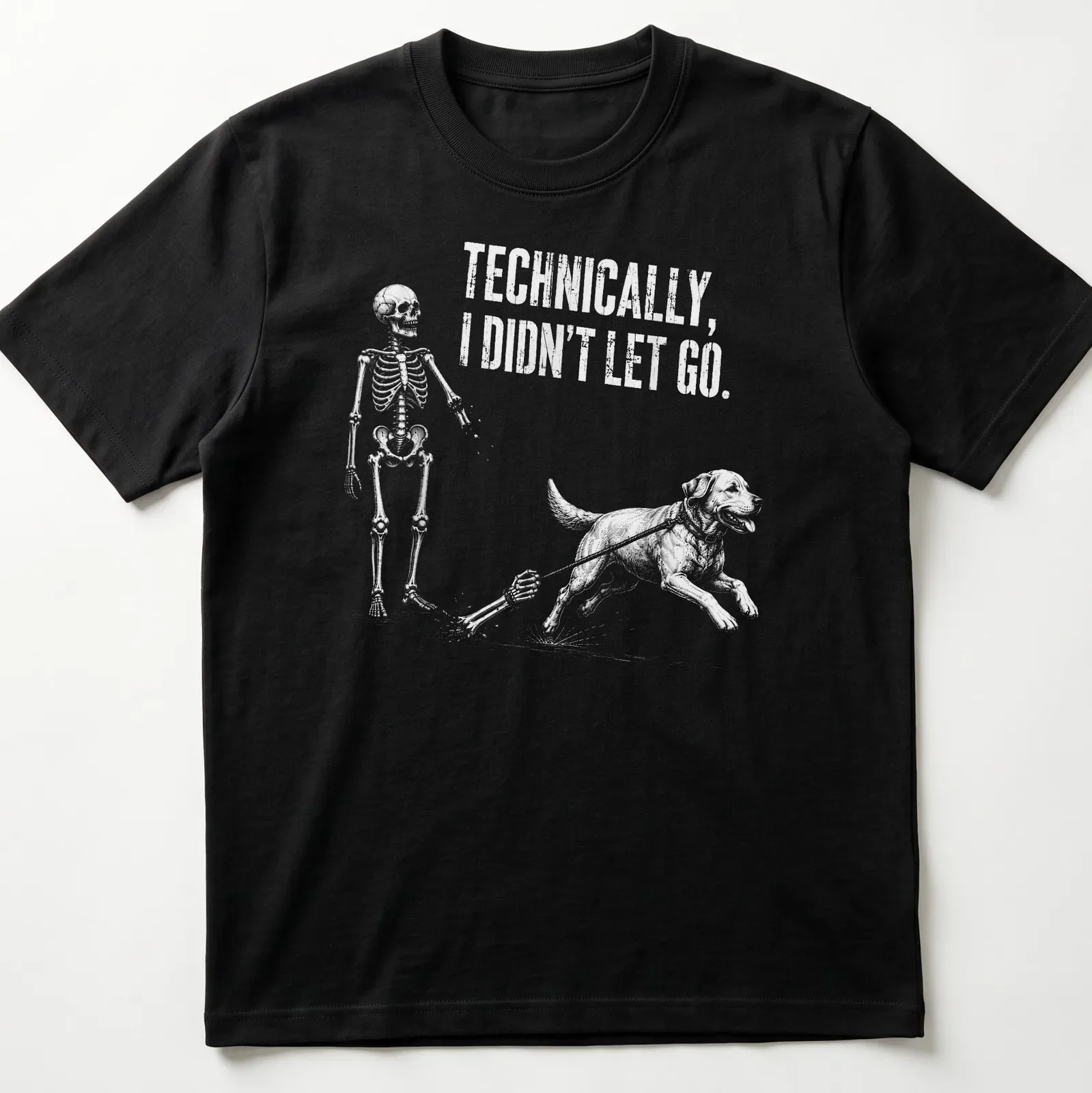 Vintage sketch of a skeleton and a dog with humorous text about letting go — printed on a unisex t-shirt