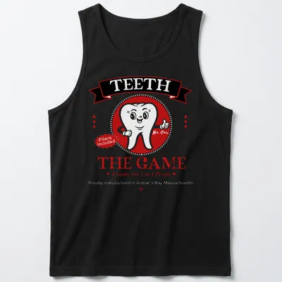 Cartoonish tooth character with humorous text on gaming — printed on a tank top