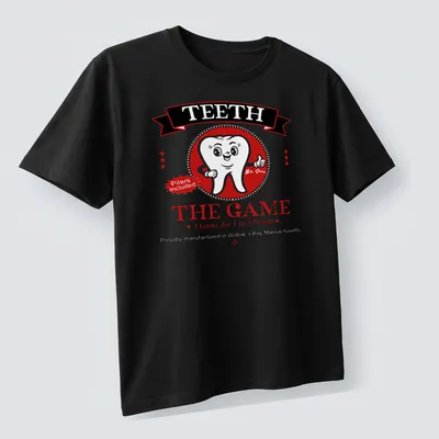 Cartoonish tooth character with humorous text on gaming — printed on a unisex t-shirt (angled view)