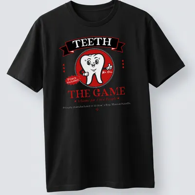 Cartoonish tooth character with humorous text on gaming t-shirt