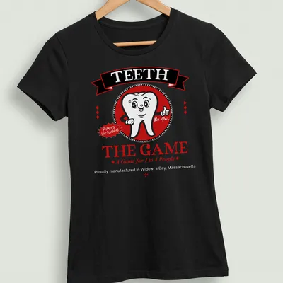 Cartoonish tooth character with humorous text on gaming — printed on a women's shirt