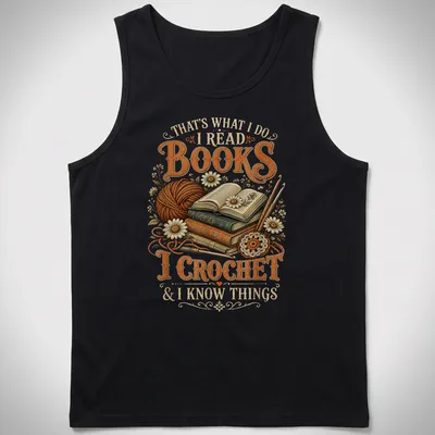 Vintage illustration tee featuring books and crochet imagery with warm tones — printed on a tank top