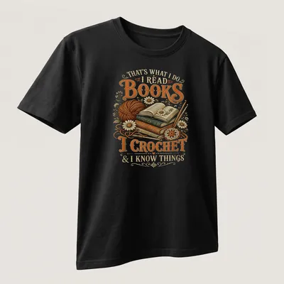 Vintage illustration tee featuring books and crochet imagery with warm tones — printed on a unisex t-shirt (angled view)
