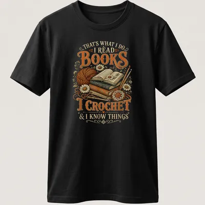 Vintage illustration tee featuring books and crochet imagery with warm tones
