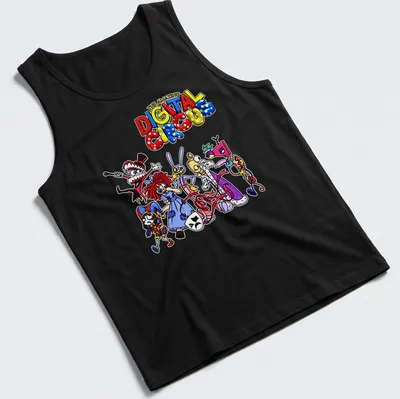 Colorful print of circus characters with text above in a playful font. — printed on a tank top