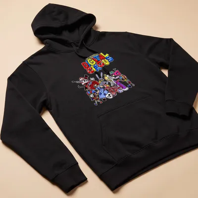 Colorful print of circus characters with text above in a playful font. — printed on a unisex hoodie