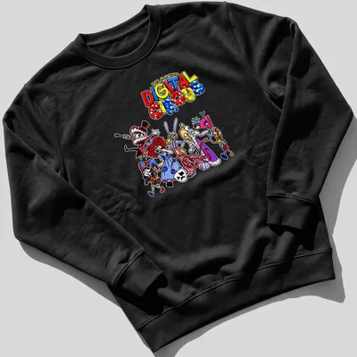 Colorful print of circus characters with text above in a playful font. — printed on a unisex sweatshirt
