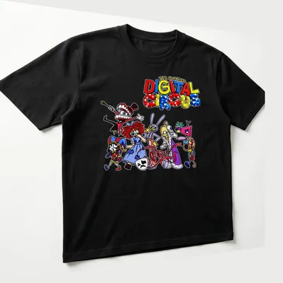 Colorful print of circus characters with text above in a playful font. — printed on a unisex t-shirt (angled view)