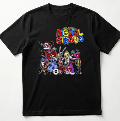 Colorful print of circus characters with text above in a playful font.