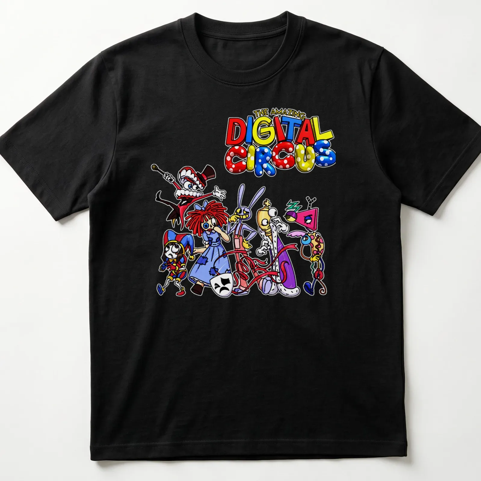 Colorful print of circus characters with text above in a playful font. — printed on a unisex t-shirt