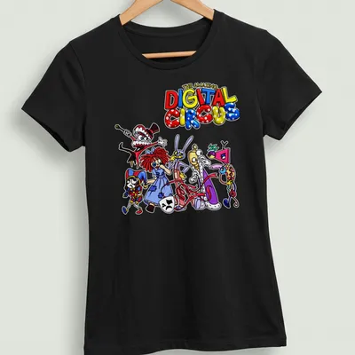 Colorful print of circus characters with text above in a playful font. — printed on a women's shirt