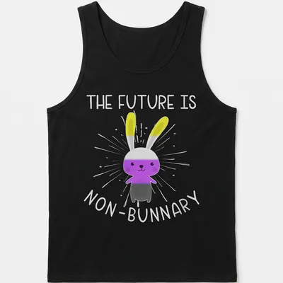 Kawaii style t-shirt featuring a cute bunny with text about non-binary future — printed on a tank top