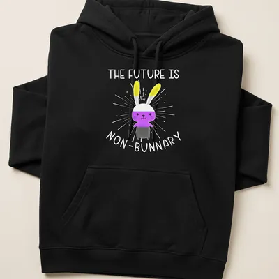 Kawaii style t-shirt featuring a cute bunny with text about non-binary future — printed on a unisex hoodie