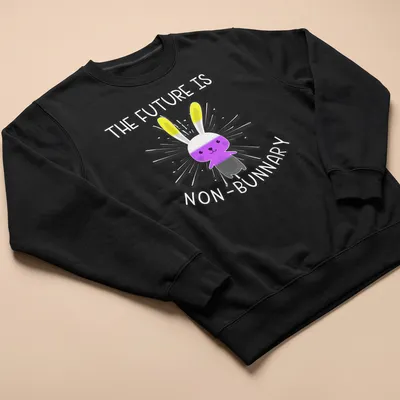 Kawaii style t-shirt featuring a cute bunny with text about non-binary future — printed on a unisex sweatshirt