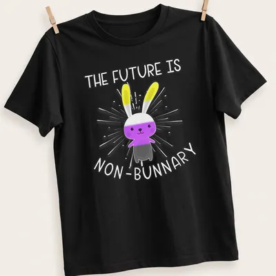 Kawaii style t-shirt featuring a cute bunny with text about non-binary future