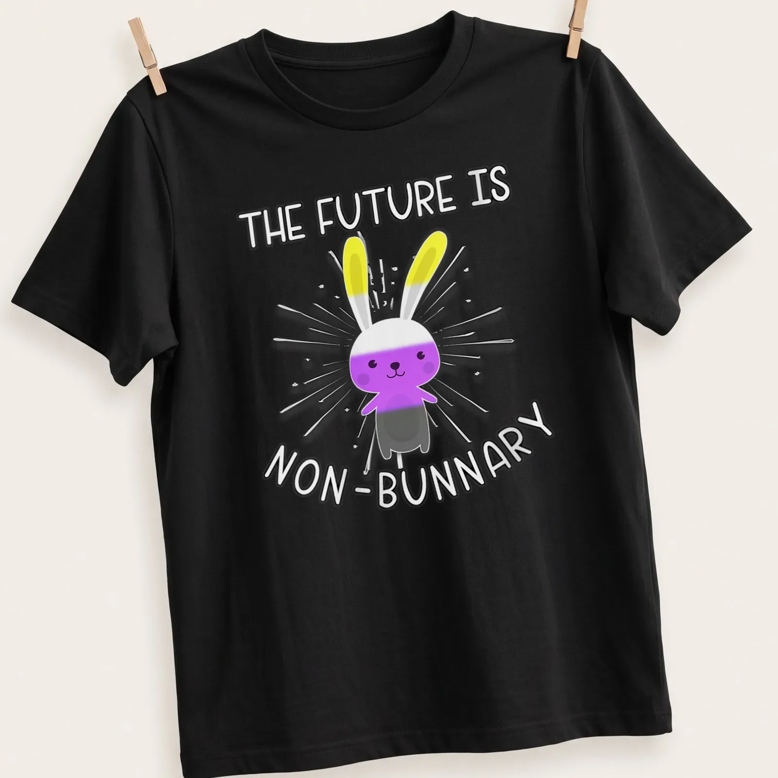 Kawaii style t-shirt featuring a cute bunny with text about non-binary future — printed on a unisex t-shirt