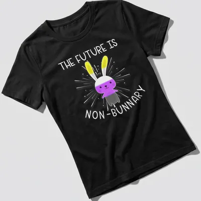 Kawaii style t-shirt featuring a cute bunny with text about non-binary future — printed on a women's shirt