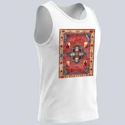 Vintage tapestry dinner party scene with the text 'The Invite.' — printed on a tank top